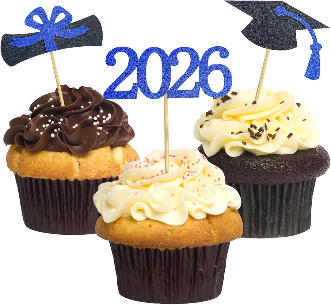 3 x Graduation Cupcake Toppers 2026,48 PCS Graduation Decoration,Class of 2026 Food Appetizer Picks,Graduation Party Supplies/Food Appetizer Picks Mini Cake Decor (Blue)