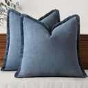 MIULEE Decorative Throw Pillow Covers Neutral Linen Fringe Throw Pillows Set of 2 Blue Ashes Boho Farmhouse Cushion Covers with Tassels for Couch Sofa Bed Home Spring Decor 18x18 Inch