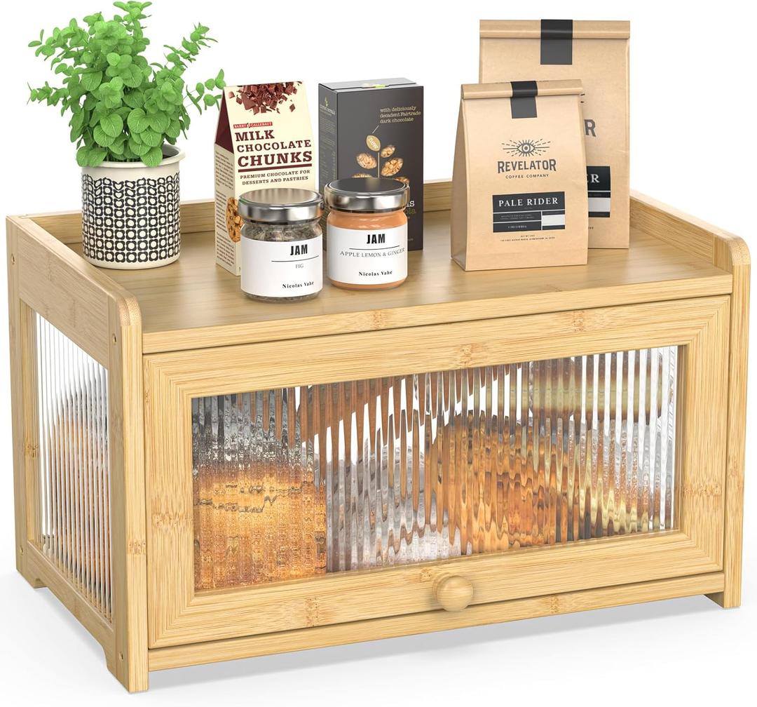 BAMBANG Bamboo Bread Box for Kitchen Countertop, Extra Large Farmhouse Bread Box with 4-Side Clear Panels, Wooden Bread Storage Container for Homemade Bread, Natural