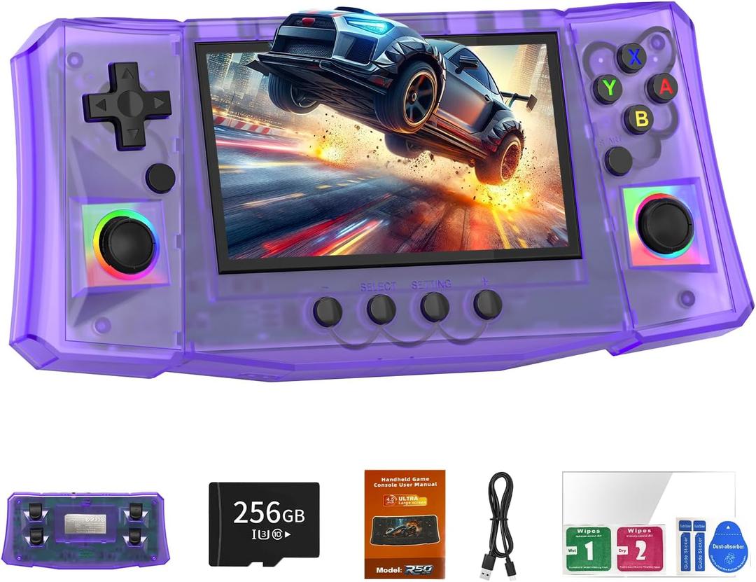RegiisJoy R50 Ultra 50000 in 1 Handheld Game Console, 4.5 Inch IPS Screen Retro Gaming Consoles Main Emulators, Portable Mini Pocket Arcade 4000mAh Battery,256G TF Card,Linux System (Transparent Purple)