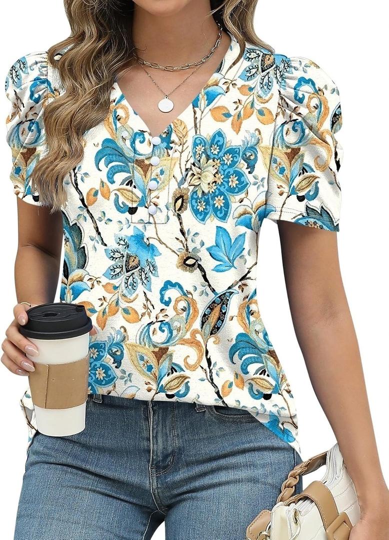 LOMON Womens Puff Short Sleeve Shirt Summer Tops V Neck Casual T Shirts Loose Fit Blouses (S)