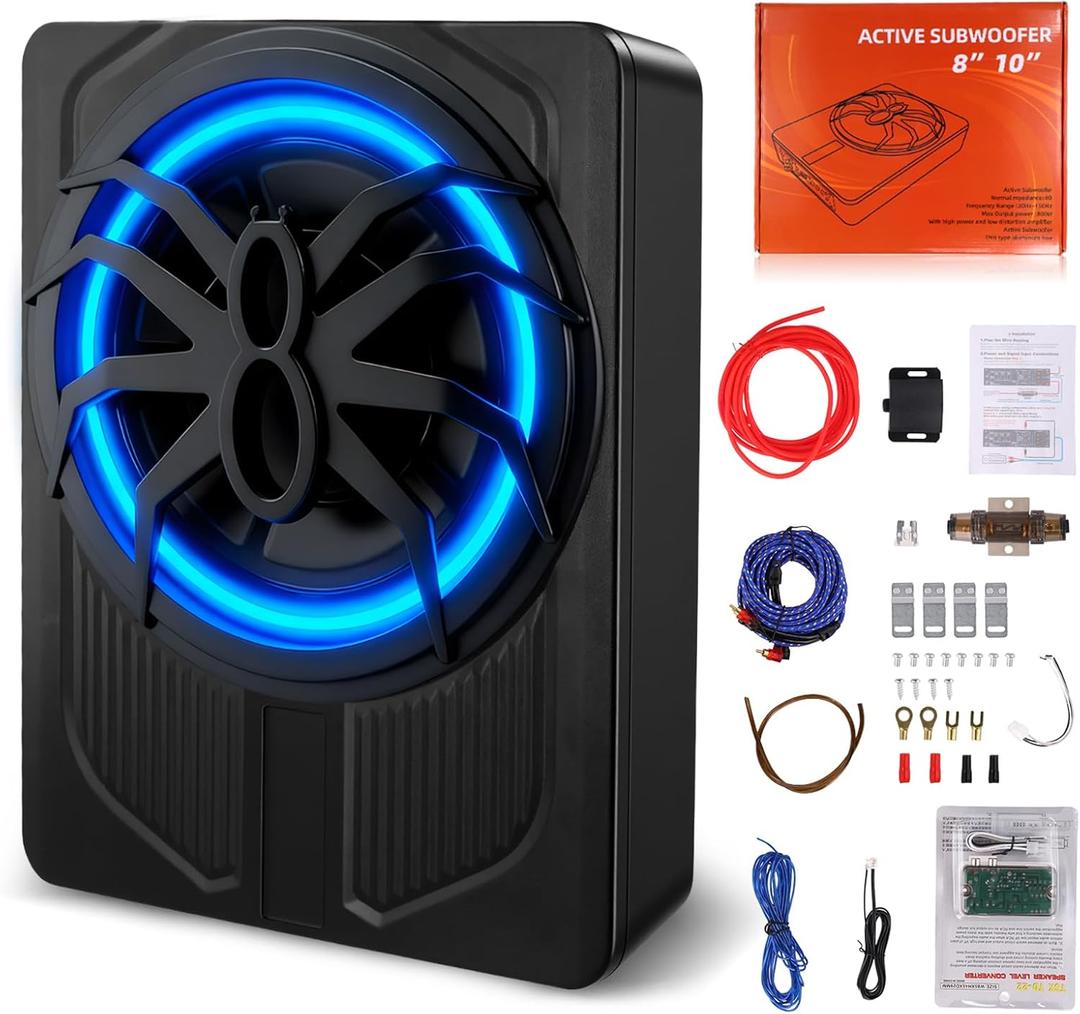 10" 1200W Slim Under Seat Powered Car Subwoofer with Color LED Ambient Light, All-in-One Subwoofer and Amplifier Package for Car Truck SUV Audio System