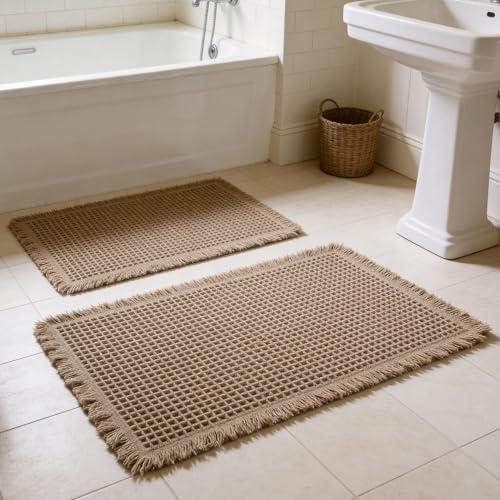 ZVFFDG Set of 2 Waffle Bathroom Rugs, Non Slip Absorbent Waffle Knit Bath Mat for Shower Floor, Tub and Bathroom Door, Ultra Soft Quick Dry, Brown, 17"x24"+18"x30"