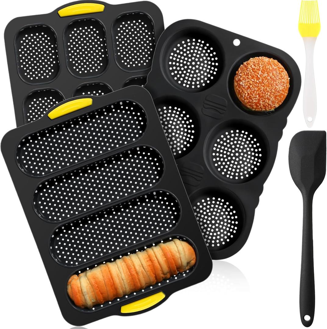 Set of 5 Silicone Hamburger Bun Mold 4 6 9 Cup Hamburger Bun Pan with Spatula Brush Nonstick Pans for Baking Homemade Bread Loaf Sandwich Baking Tray, Fridge Dishwasher Microwave Safe