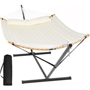 SUNCREAT Hammocks for Outside with Stand Included, Double Hammock with Curved Spreader Bar, Carrying Bag, Beige