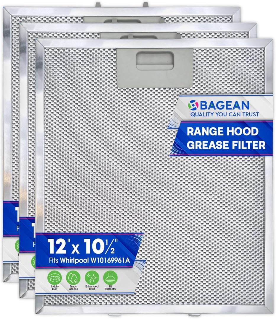 Bagean Range Hood Filter Replacement 12" x 10.5" W10169961A Compatible with Whirlpool Stove Hood Vent Filter - Aluminum Screen for Kitchen Overhead Exhaust Fan Blocks Grease & Filters Oven Air (3-Pk)