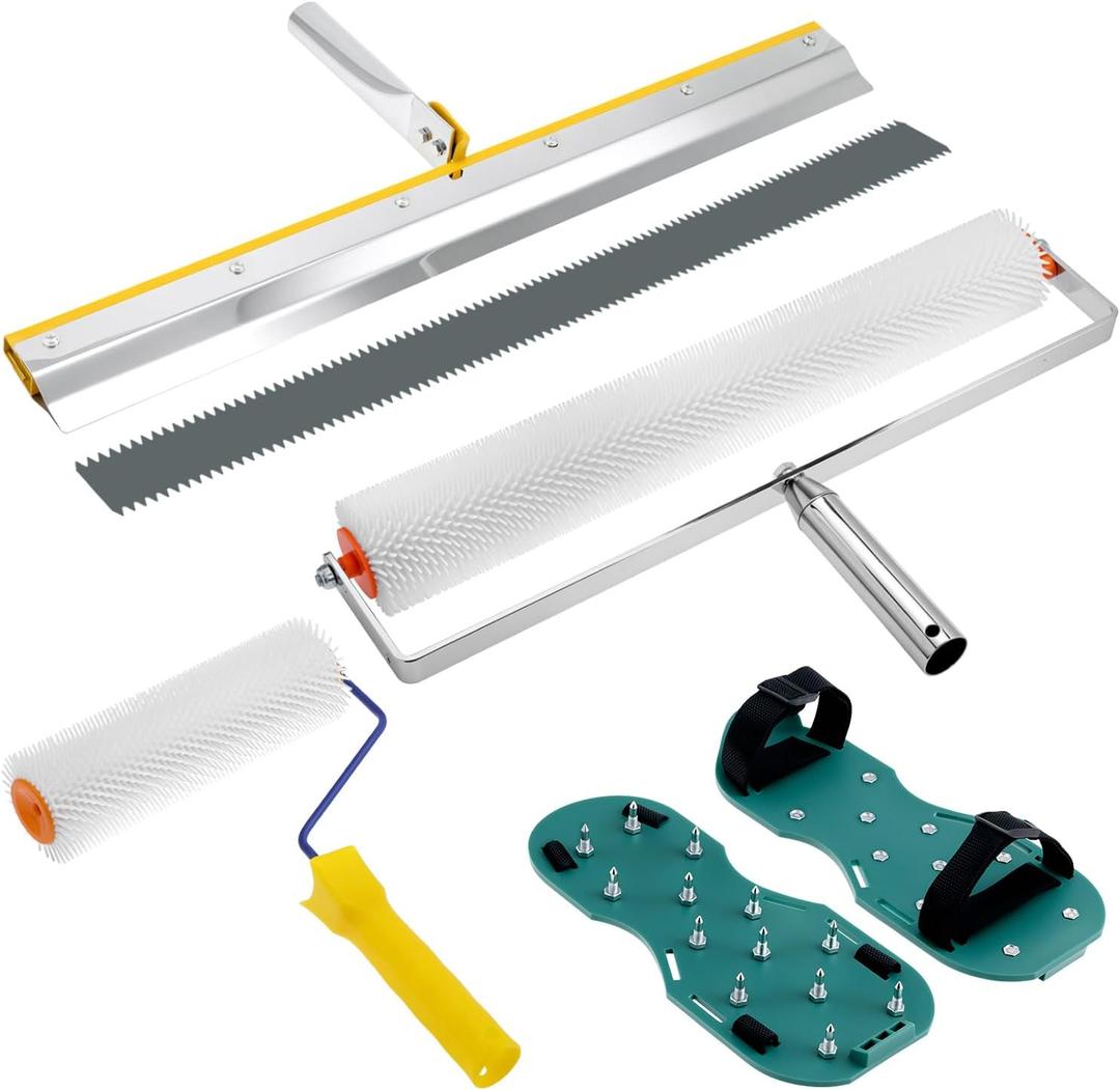 QWORK Self-Leveling Cement Tool Kit, 9" & 20" Spike Rollers with Scraper and Spiked Shoes for Cement, Mortar & Floor Leveling