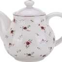 Lonovel Porcelain Teapots with Lids,Vintage Teapot Beautiful Rose Design,Floral Ceramic Tea Pot Large for Kitchen and Dinning,China Teapot for Afternoon Tea or Coffee,Home Decorative Good Gifts,Beige