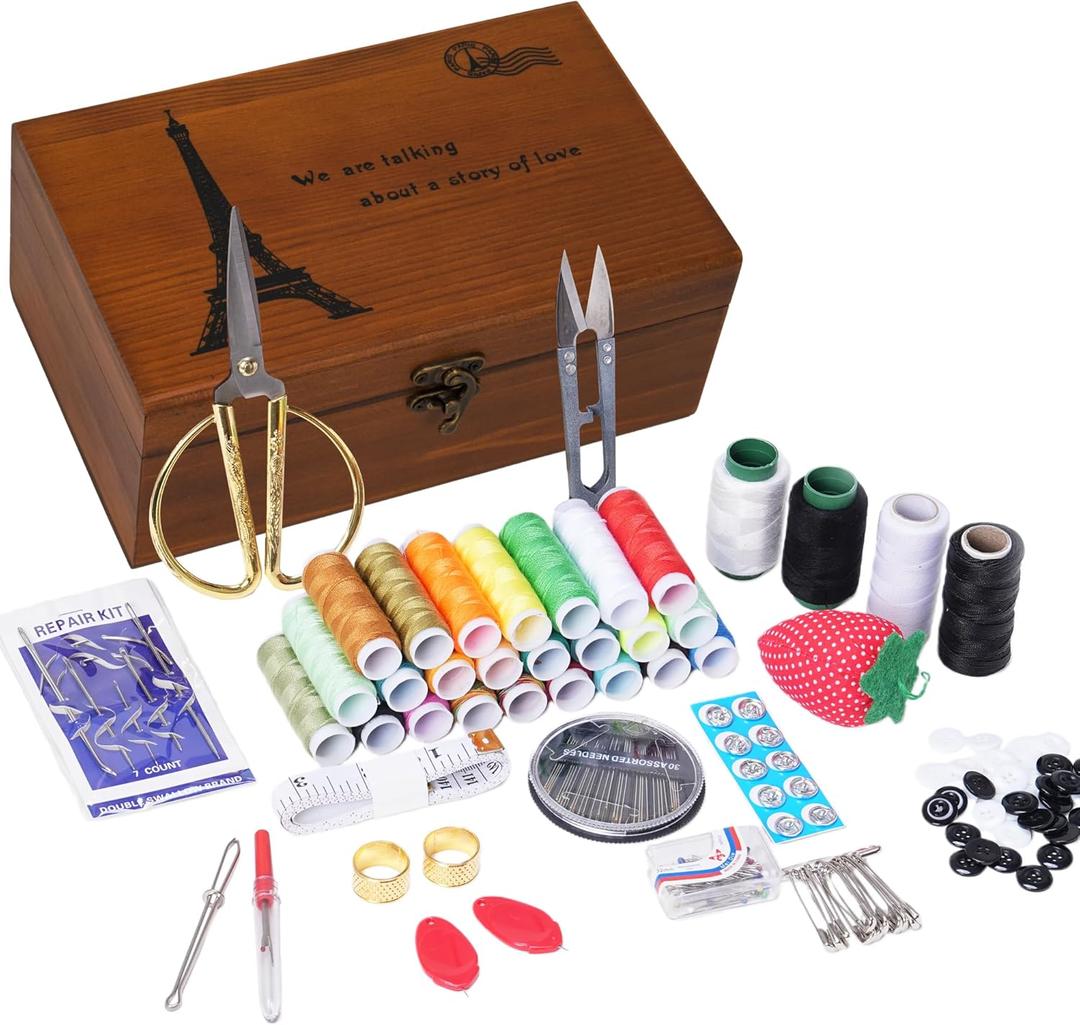 Wooden Sewing Kit Box, Wooden Sewing Box with Sew Kit Accessories, Sewing Repair Kit Sewing Basket, Basic Sewing Kit for Adults, Beginner Universal Home Sewing Repair Tool Kit - Vintage Sewing Set (Retro Eiffel Tower)
