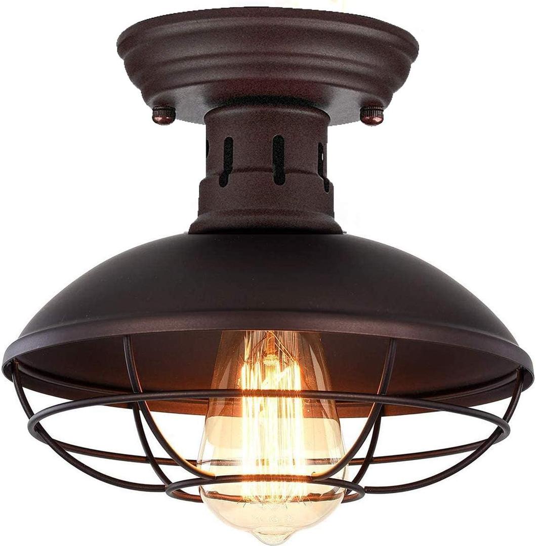 Farmhouse Flush Mount Ceiling Light - Easric Industrial Ceiling Light Fixture Rustic Copper Metal Cage Close to Ceiling Lamp E26 Base for Hallway Foyer Kitchen Porch Bronze (1 Pack)