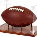 Clear Acrylic Football Display Case with Wood Base & Tee, Memorabilia Stand Cube Holder, Dust Protection Transparent Storage Box for Single Ball Souvenir Football Collections (1 Pack)