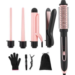 5-in-1 Curling Iron Set, Including a Curling Brush, Straightener, and 4 Interchangeable Ceramic Curling Barrels; Dual Voltage; Comes with Gloves and Hair Clips (0.351.25 inches), Rose Gold