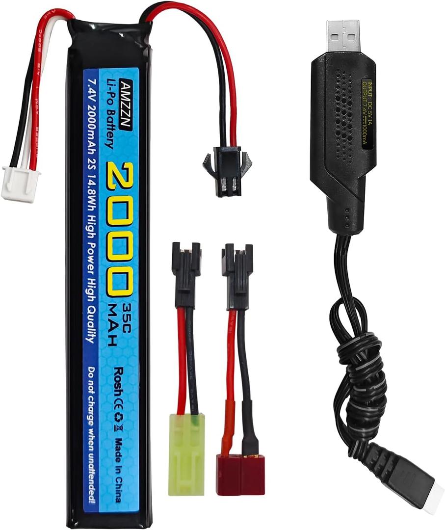 7.4V 35C 2000mAh with SM-2P Plug T-Plug Odamiya Plug Lithium Battery for SRB1200 SRB400 SRB400-SUB MP5K M4 M110 Toy Gun Air Gun,RC Car Drone Battery Accessories (1 Battery+1 USB)