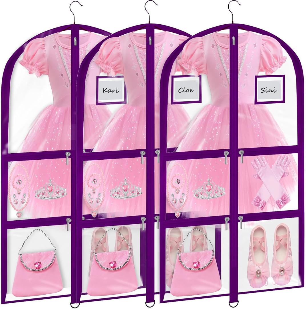 Garment Bags for Dance Costumes - 40 Inch Clear PVC with 5 Zipper Pockets (3 Pack) - Kids Dance Garment Bag for Dancers, Hanging Clothes Storage, Competitions & Travel (Clear Purple)