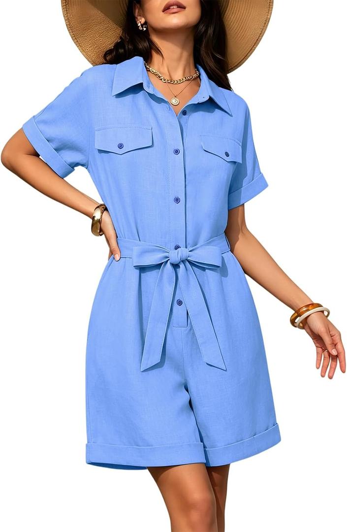 ZWRXW Summer Rompers for Women Linen Cargo Jumpsuit V Neck Short Sleeve Button Up Short Jumpsuit Overalls Vacation Outfits (Blue, L)