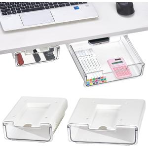 2 Pack Under Desk Hanging Drawer Slide Pull Out, Attachable Clear Acrylic Storage Tray, Easy Hidden Self Adhesive Mount Cabinet Shelf Holder for Tables, Home & Office, Counters, Workstation