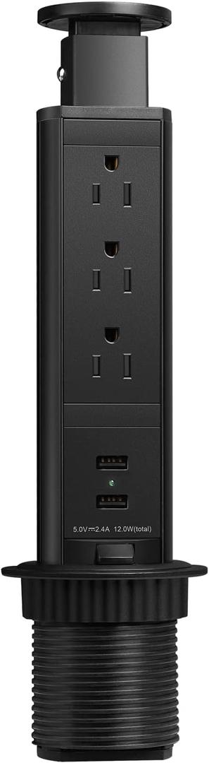 Pop Up Electrical Outlet for Countertop, Recessed Power Strip with 3 AC Outlet & 2 USB Ports,2.5" Hole Pull Pop Up Socket Hidden Outlets, Pop Out Power Outlet for Kitchen Counter Conference Desk