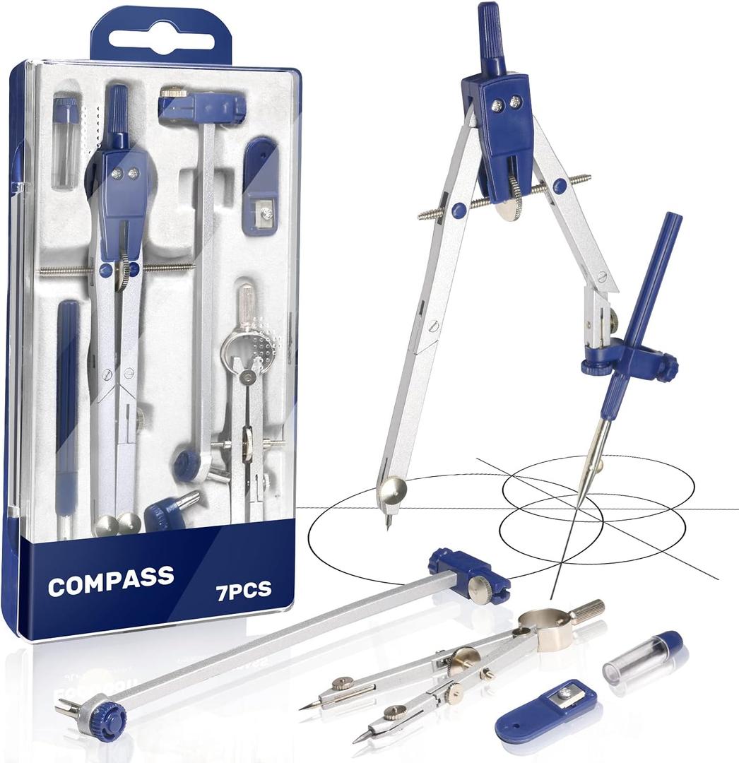 Compass for Geometry Large, Professional Drawing Compass Metal Drafting Compass Kit with Extension Bar,Metal Compass Geometry Set for Geometry, Drafting, Math, Drawing, for Engineer and Mathematician