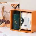 KUYRA Ceramic Coffee Mug Gift Set with Lid, Towel & Golden Spoon 12 oz Coffee, Cappuccino & Cocoa Cup, Wedding Gifts for Couples, Birthday Gifts for Women, Creative Opening Activities Small Gift Boxes