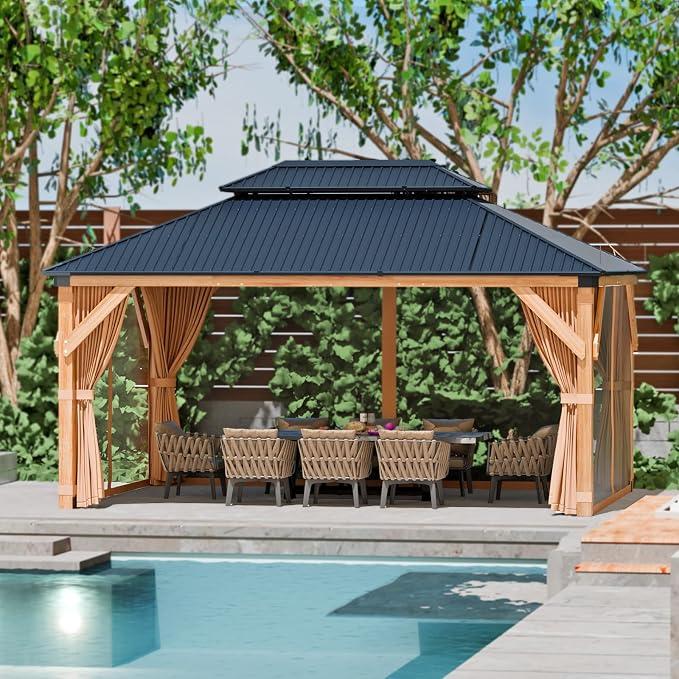 GarveeLife Hardtop Wood Gazebo 12 ft x16 ft for All Weather, with Double Metal Roof, Heavy Duty Wooden Frame, Net, and Curtain, Permanent Building for Patio, Deck, Backyard, Lawn, and Garden