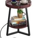 WLIVE Small Round Side Table with Charging Station, Round Coffee Table, 2 Tier End Table for Living Room/Bedroom, Sofa Couch, Easy to Assemble, Wood Tabletop & Metal Frame, Brown