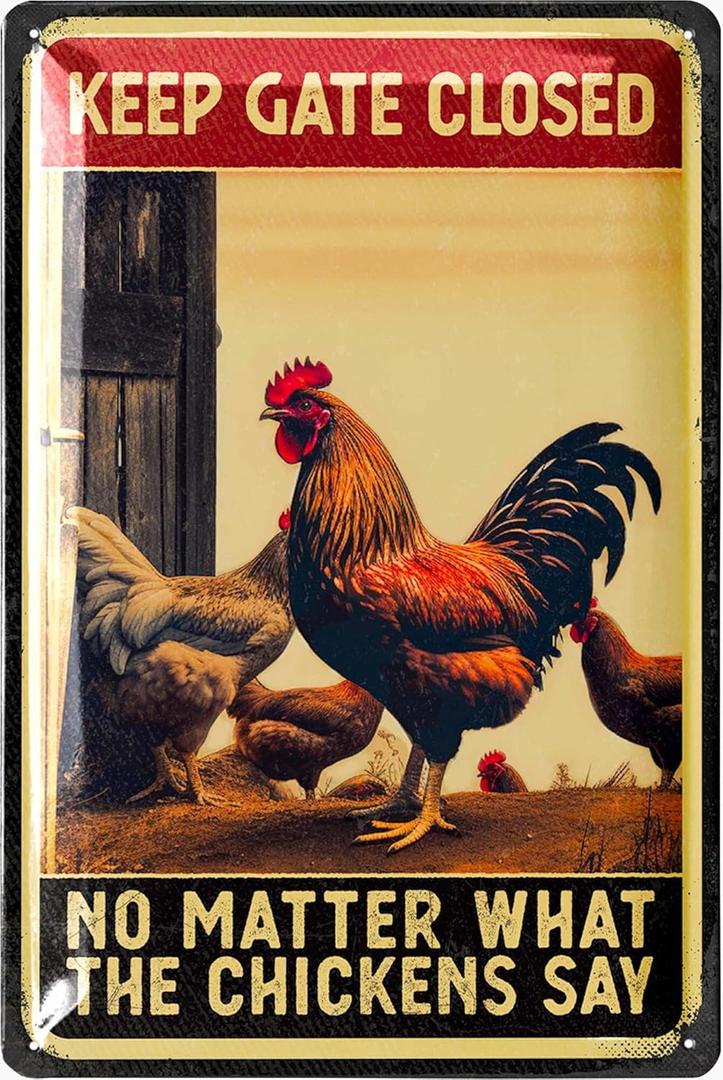 3 x Vintage Tin Sign - Gates Closed Chickens, Decor for Coop & Outdoor, Chicken Lover Gifts, Metal Signs 12x8