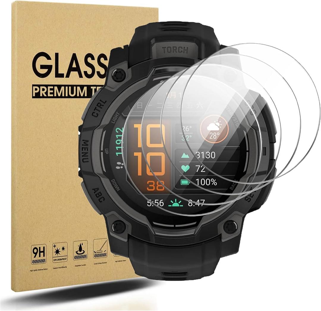 4 Pack Anti-Scratch Film for Garmin Instinct 3 (45mm) AMOLED/Solar Screen Protector, Full Protective 9H Hardness Tempered Glass for Garmin Instinct 3 Smartwatch (No Fit for Instinct 3 45mm E)
