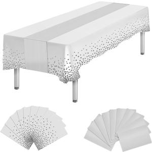 20 Packs Disposable Plastic Tablecloth and Satin Table Runner, White and Silver Disposable Table Cloth Rectangle Table for Baby Shower Birthday Engagement Anniversary Retirement Party Decorations