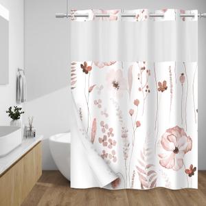 WITHLOC No Hook Shower Curtain with Snap in Liner - Floral Shower Curtain - Fabric Waterproof Inner Liner, Plants Watercolor Blush Modern Cloth Shower Curtains - Machine Washable, 71 x 74