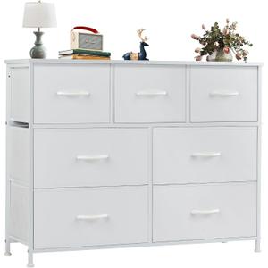 OLIXIS 7 Drawer Dresser for Bedroom, Wide Fabric Storage Tower with Wooden Top and Metal Frame, Closet Chest Organizer Furniture, TV Stand for Living Room Hallway, White, 11.8"D x 39.4"W x 30"H