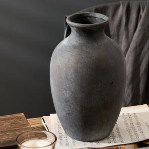 Large Ceramic Rustic Flower Vase, 10.43 Inch Tall Vintage Pottery Home Decor, Farmhouse Terracotta Vase for Living Room, Table, Shelf, Mantel Decoration, Farmhouse - Black Bronze