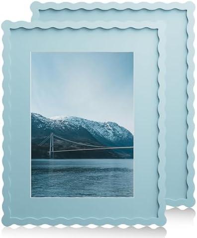 Chrspk 11x14 Wavy Picture Frame With Mat For 8x10, Wavy Edge Wooden Picture Frame with Real Glass - Wall Mount Display, Blue, 2 Pack