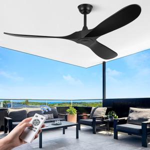 ABZ Ceiling Fans without Lights - 60 Inch Ceiling Fan no Light, Black 3 Blade Solid Wood Indoor Outdoor Ceiling Fan with Remote Control for Patios Living Room Bedroom