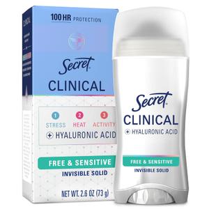 Secret Clinical Strength Antiperspirant Deodorant for Women, Free & Sensitive, 100hr Sweat & Odor Protection, 3X Stress Protection with Hyaluronic Acid, PH Balanced, Invisible Solid, Unscented, 2.6 oz