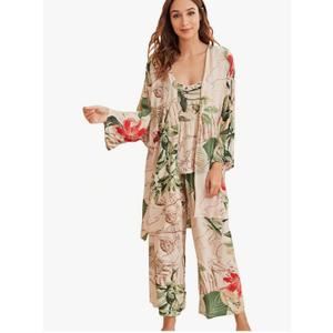 WDIRARA Women's 3 pcs Sleepwear Leaf Print Cami and Pants Pajama Set with Robe Xl