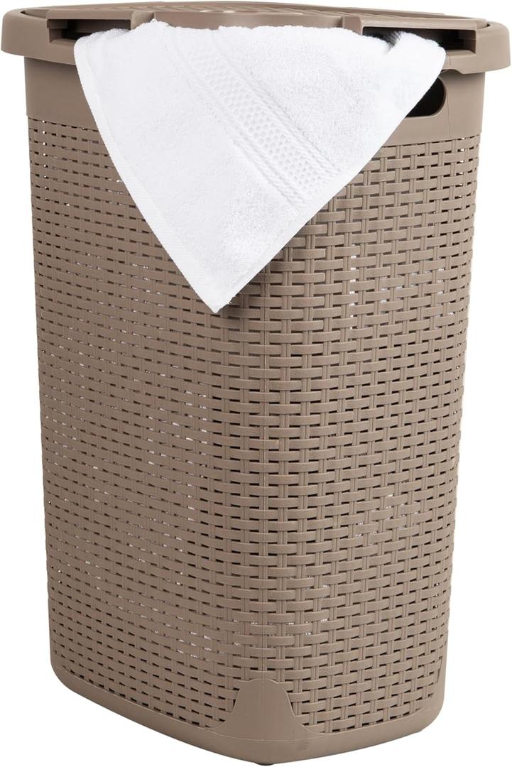 Mind Reader Slim Laundry Hamper with Lid, 60L Tall Clothes Basket, Narrow Tapered Design for Bathrooms, Closets and Laundry Rooms, Plastic, Tan, 1 Piece