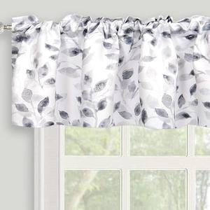 Gray and White Floral Printed Valance for Windows, Short Curtains Valances Rod Pocket for Kitchen Bathroom Cafe Living Room 52 x 14 Inches, Gray (Grey)
