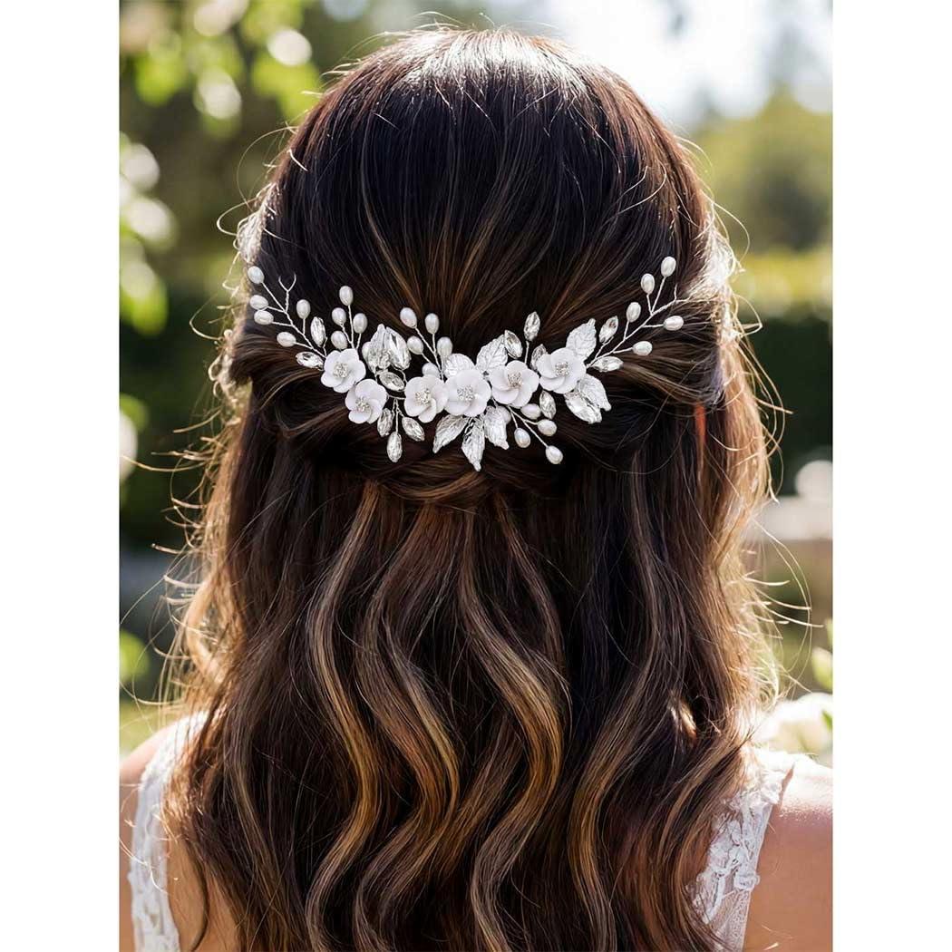 GORAIS Flower Bride Wedding Hair Vine Silver Crystal Bridal Hair Pieces Leaf Headband Hair Accessories for Women and Girls