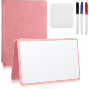 Portable White Board Dry Erase Small, Reusable White Board with 3 Colors Fineliner Pens Foldable Pink Pu Cover Handheld Whiteboard for Meeting Business Office 9.64x6.7 Inch