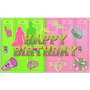 72x43inch Fabric Green and Pink Happy Birthday Backdrop Cheerleading American High School Lockers Photography Background Halloween Party Decorations Photo Props