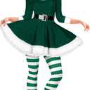 Geyoga Women's Santa Claus Costume Set Velvet Dress with Belt Women's Xmas Striped Tights Santa Hat Set Dress Cosplay (Large, Green)