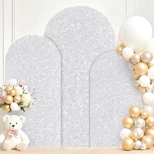 Silver Arch Cover Set of 3 Wedding Arch Stand Covers 6FT 5FT 4FT Sequin Arch Backdrop Cover Glitter Arches Covers Stretchy Backdrop for Baby Shower Bridal Shower Party Decor