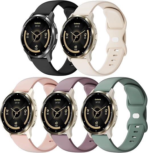 5 Pack 18mm Silicone Watch Band Compatible with Garmin Vivoactive 4S/Vivomove 3S/Venu 3S 41mm/Venu 2S/Forerunner 255S/265S, Quick Release Soft Sport Straps for Women Men (Color: Black/Apricot/Smoke Purple/Cactus/Sand Powder)