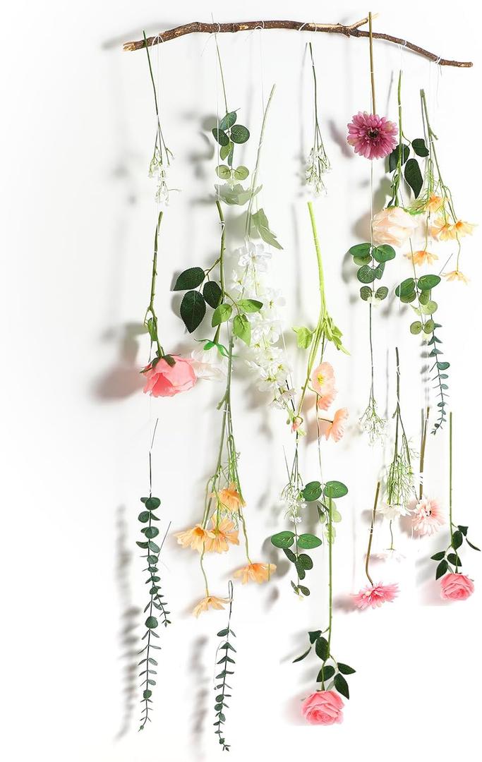 Hoteam 26 Pcs DIY Wildflower Garland Artificial Hanging Flower Backdrop Set Fake Rose Poppy Wild Flower Decor from Ceiling for Wedding Baby Shower Party Birthday Home Garden (White,Champagne,Pink)