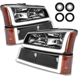 2003-2006 Silverado Headlight with Dynamic Light- Headlights for 2003 2004 2005 2006 Chevy Silverado/Avalanche 1500/2500/3500 Headlamp Replacement Left and Right Black Housing Crystal Clear Lens