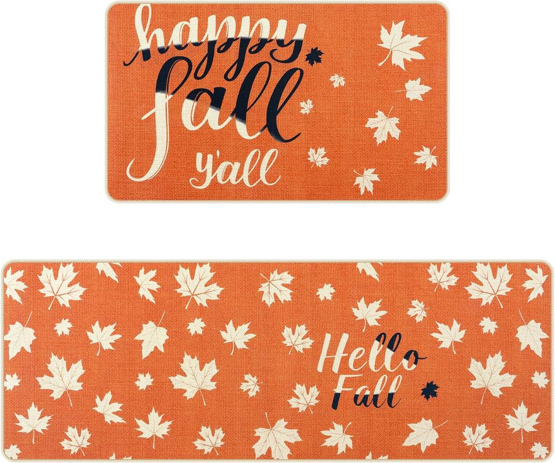 KIMODE Kitchen Rugs Non Slip Washable 17"x47"+17"x29", Fall Farmhouse Kitchen Rugs Sets of 2, Autumn Maple Leaf Rugs for Kitchen Floor, Absorbent Kitchen Mats for Floor Laundry Office Sink Desk