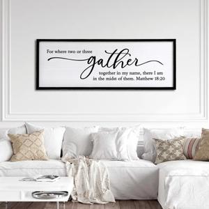 For Where Two or Three Gather Together Wall Art 32 x 12 Inch for Dining Room Kitchen Wall Wooden Framed Sign, Matthew 18:20 Church or Prayer Space (Black)