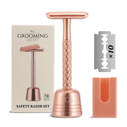 THE GROOMING SOCIETY Double Edge Safety Razor for Women Rose Gold with Stand and Silicone Cover - Durable Metal Eco-Friendly Single Blade Safety Razor with 10 Blades- Closed Smooth Shave