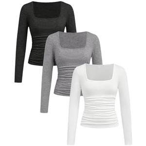 RoseSeek Girl's 3 Pack Long Sleeve Shirts Square Neck Slim Fit Ruched T Shirt Casual Basic Tees Fall Tops Multicolor 13Y