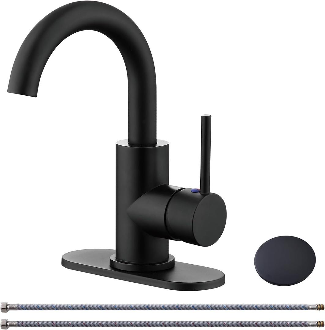 RKF Single-Handle Bathroom Sink Faucet, Swivel Spout, with Pop-up Drain with Overflow and Supply Hose,Bar Sink Faucet,Small Kitchen Faucet Tap,Matte Black,BF3501P-MB